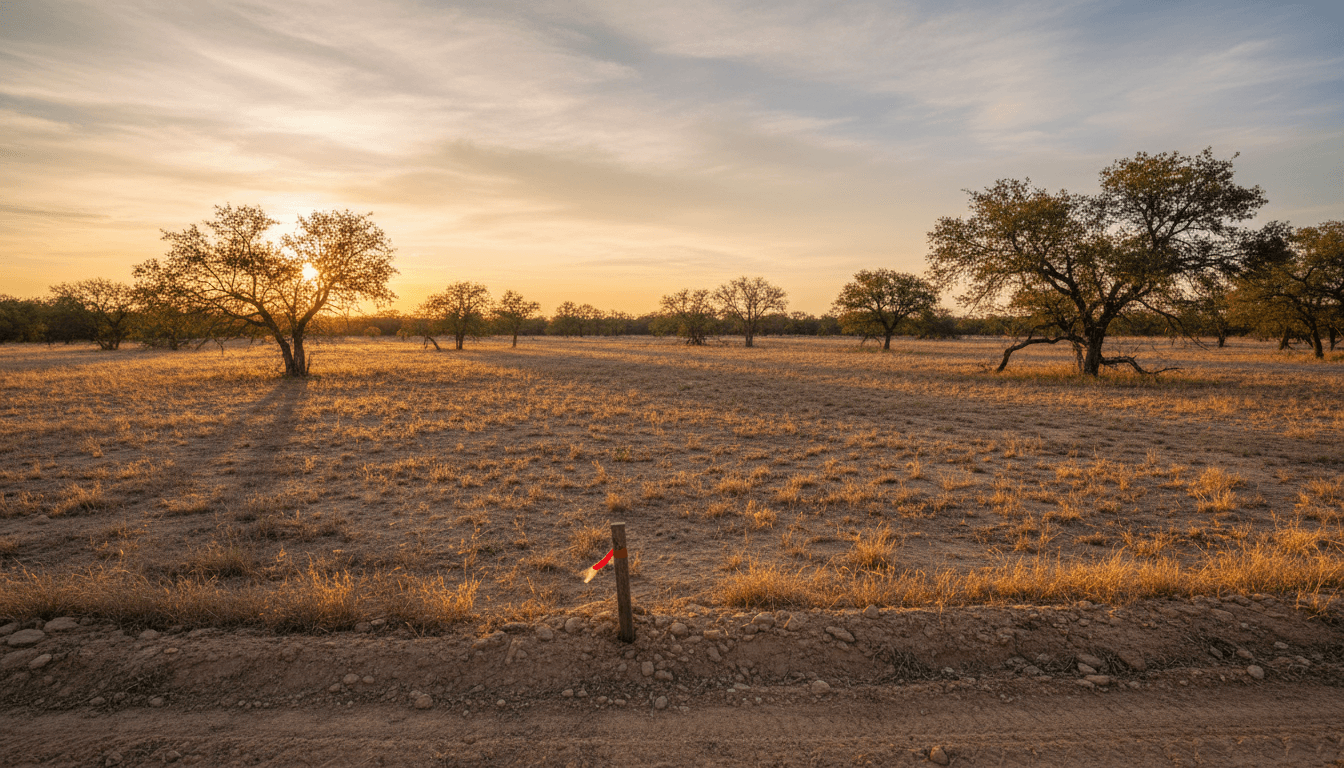 Vacant land in Texas at golden hour with survey stake