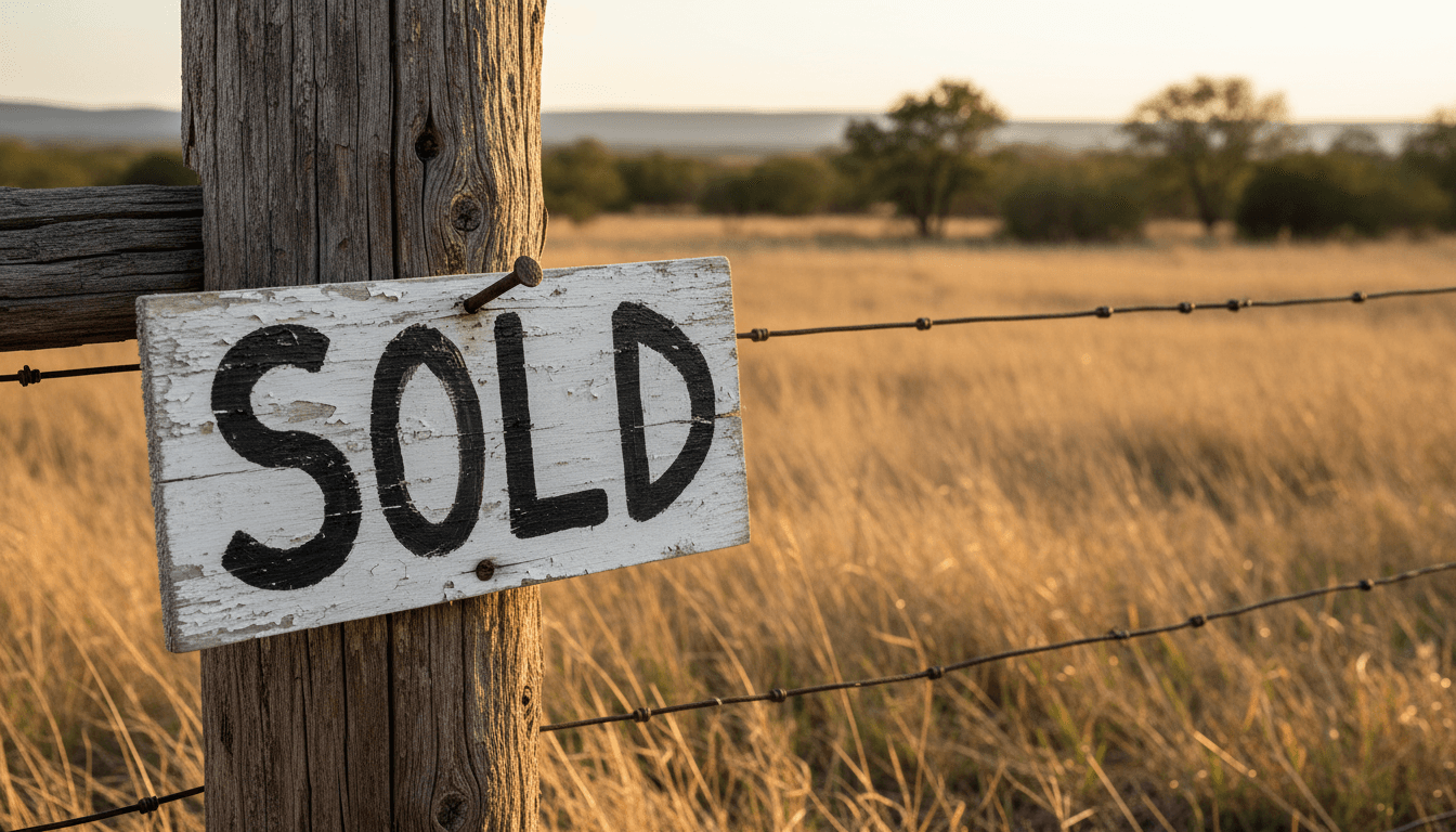 Sold sign on a wooden fence post on a vacant Texas lot